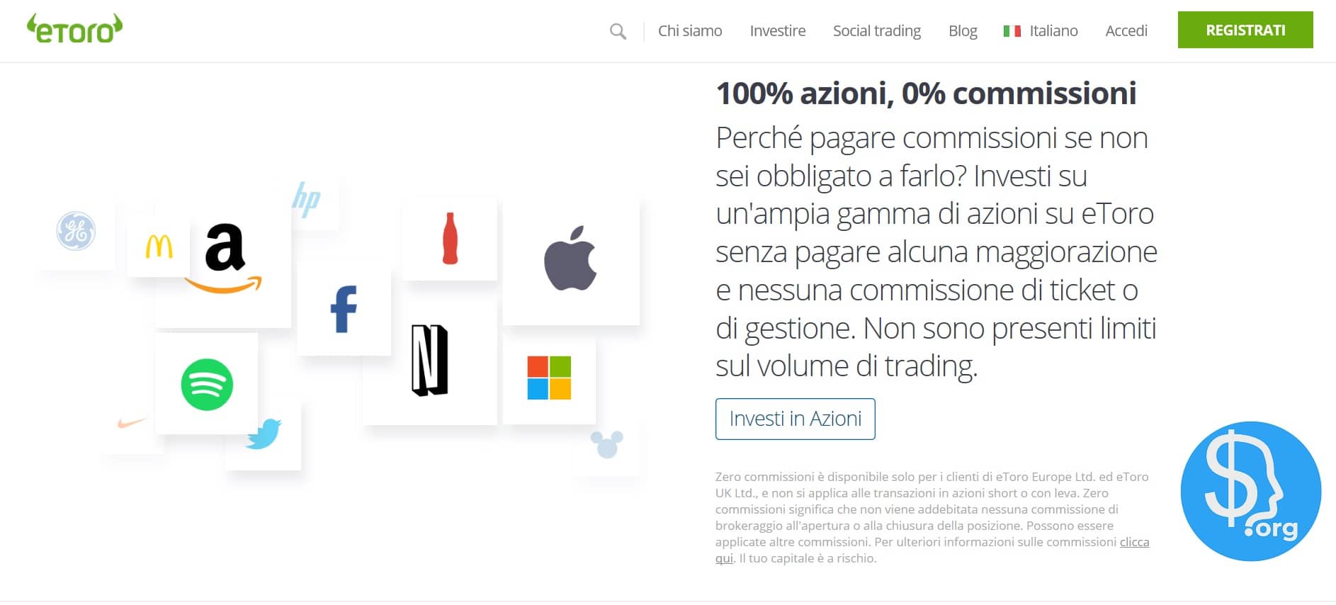 azioni basse commissioni sulla piattaforma eToro