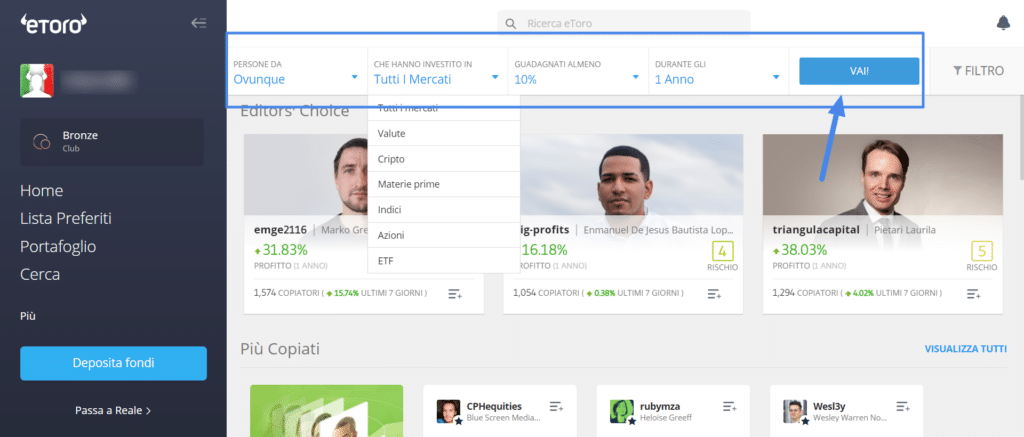 filtrare i popular investor utilizzando il menu 