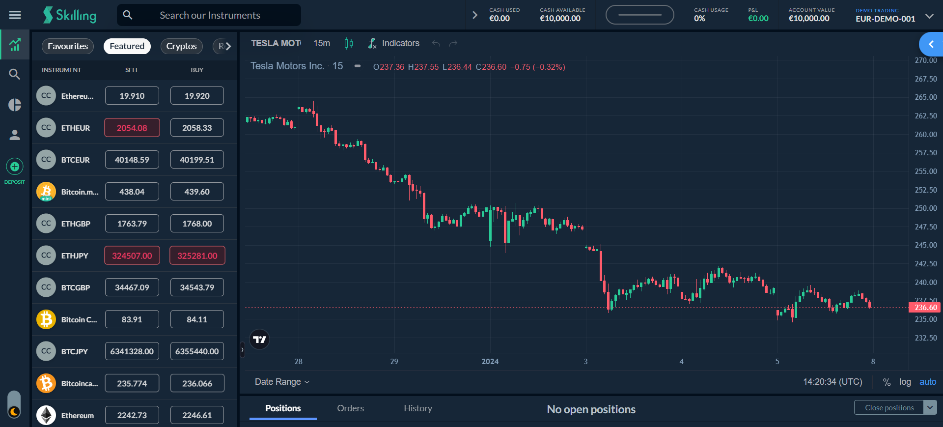 screenshot del web trader di Skilling